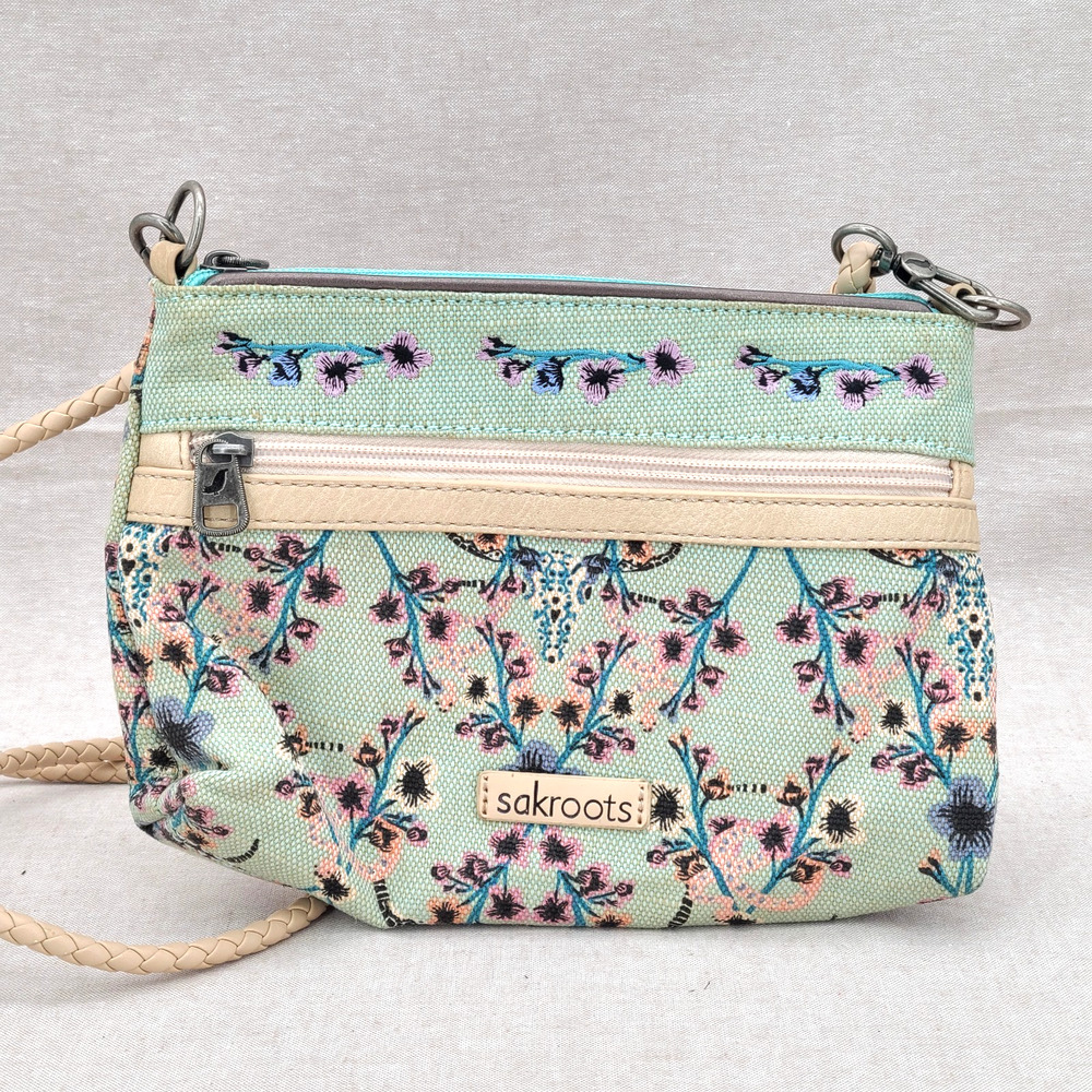 Sakroots Artist Circle Campus Canvas Crossbody Light Blue Mojave Canyon Floral